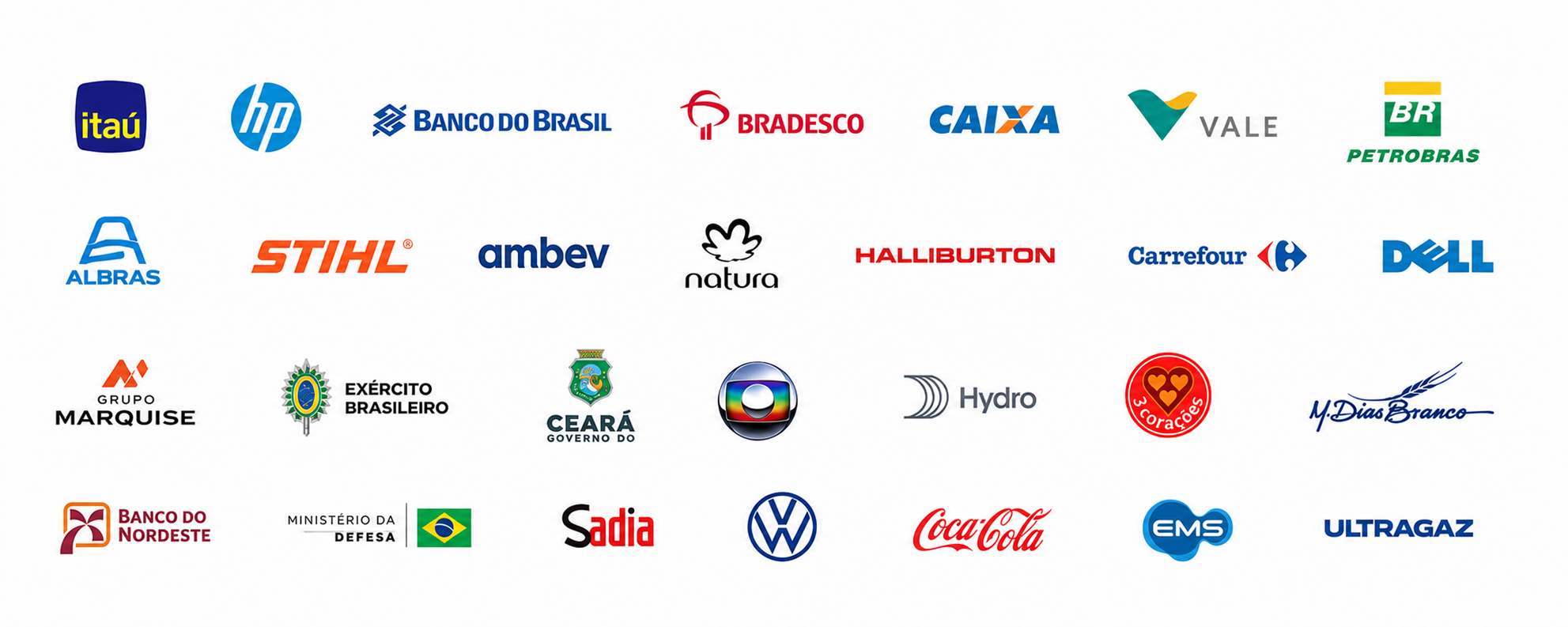Logos de empresas e instituições que já confiaram na Confiança Mudanças: Itaú, HP, Banco do Brasil, Bradesco, Caixa, Vale, Petrobras, Albras, Stihl, Ambev, Natura, Halliburton, Carrefour, Dell, Grupo Marquise, Exército Brasileiro, Governo do Ceará, Globo, Hydro, 3 Corações, M. Dias Branco, Banco do Nordeste, Ministério da Defesa, Sadia, Volkswagen, Coca-Cola, EMS, Ultragaz